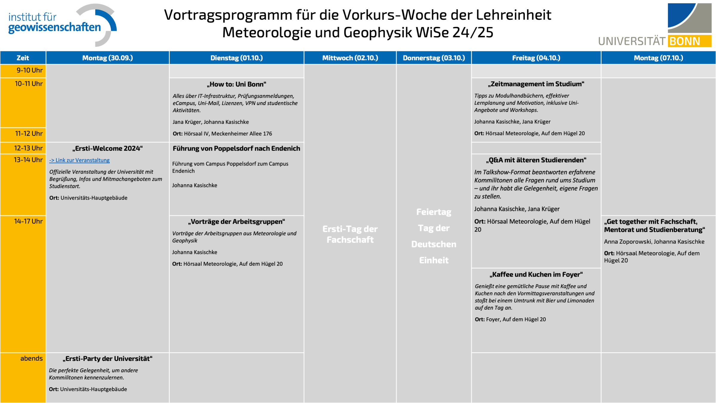 Vortragsprogramm für die Vorkurs-Woche der Lehreinheit Meteorologie und Geophysik WiSe 24/25